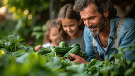 A family of farmers harvests cucumbers in their garden. Dad and his children are picking cucumbers in the greenhouseの素材