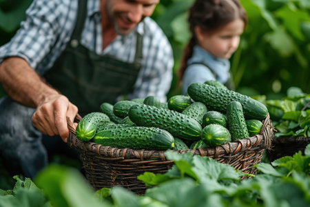 A family of farmers harvests cucumbers in their garden. Dad and his children are picking cucumbers in the greenhouseの素材