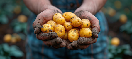 Tubers of new potatoes.Harvesting. A man digs potatoes with a shovel. Rows of vegetable beds planted with potatoes in a rural garden.の素材
