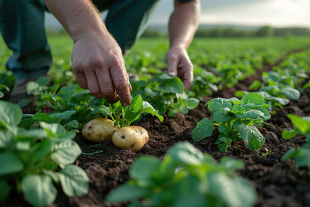 Tubers of new potatoes.Harvesting. A man digs potatoes with a shovel. Rows of vegetable beds planted with potatoes in a rural garden.の素材