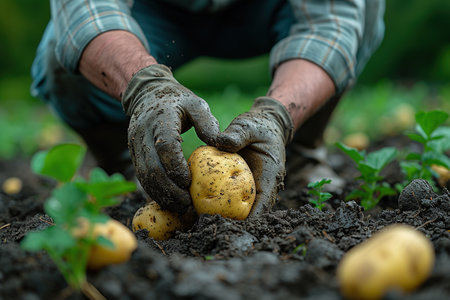 Tubers of new potatoes.Harvesting. A man digs potatoes with a shovel. Rows of vegetable beds planted with potatoes in a rural garden.の素材