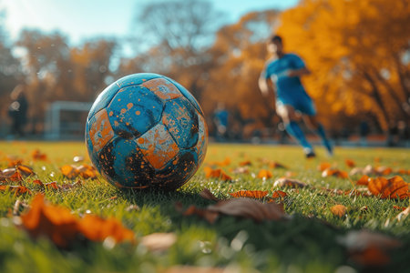 After game. Closeup soccer ball on grass of football field at crowded stadium with spotlights at evening time. Concept of sport, art, energy, power. Poster for ad, designの素材