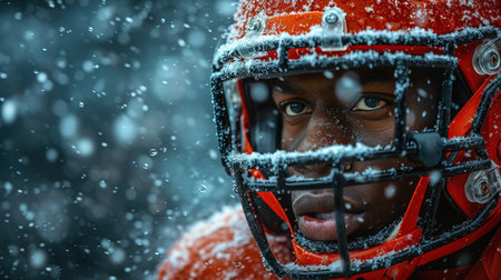 American football sportsman player on stadium running in action. Sport wallpaper with copyspace. Close upの素材