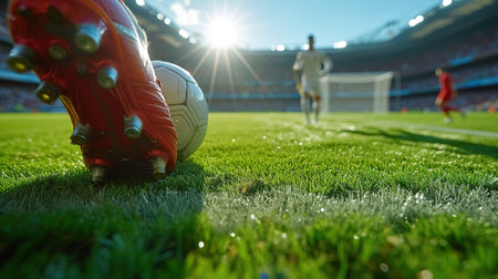 Close-up of a Leg in a Boot Kicking Football Ball. Professional Soccer Player Hits Ball with Fierce Power and Scores Goal, Grass Flying. Beautiful Cinematic Low Angle Ground Artistic Shotの素材