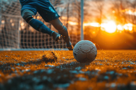 Goalkeeper catches the ball in the stadium during a football game.の素材