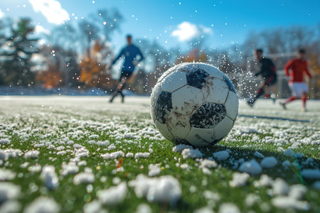 After game. Closeup soccer ball on grass of football field at crowded stadium with spotlights at evening time. Concept of sport, art, energy, power. Poster for ad, designの素材