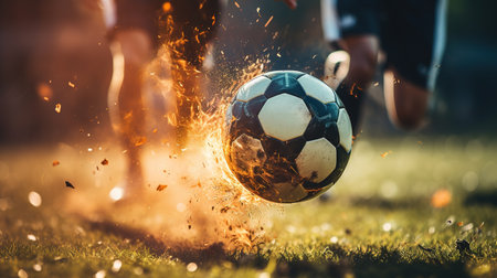 Close up of a soccer striker ready to kicks a fiery ball at the stadium.の素材