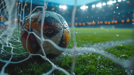 Soccer ball on goal with net and green background, this photo can use for football, sport, goal, score, shoot and target of business concept.の素材