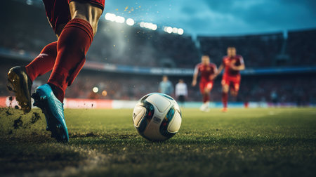 Close-up of a Leg in a Boot Kicking Football Ball. Professional Soccer Player Hits Ball with Fierce Power and Scores Goal, Grass Flying. Beautiful Cinematic Low Angle Ground Artistic Shotの素材