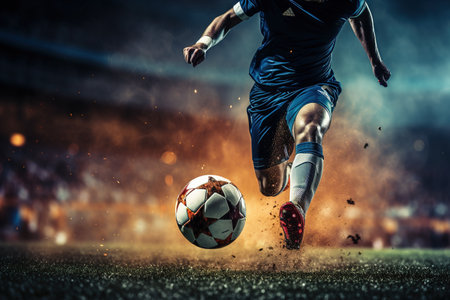 Soccer players in action on the sunset stadium background panorama.の素材