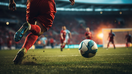 Close-up of a Leg in a Boot Kicking Football Ball. Professional Soccer Player Hits Ball with Fierce Power and Scores Goal, Grass Flying. Beautiful Cinematic Low Angle Ground Artistic Shotの素材