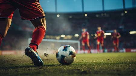 Close-up of a Leg in a Boot Kicking Football Ball. Professional Soccer Player Hits Ball with Fierce Power and Scores Goal, Grass Flying. Beautiful Cinematic Low Angle Ground Artistic Shotの素材