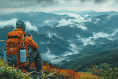 Young bearded hipster with backpack and cup of coffee sitting on rock with views of nature around.の素材