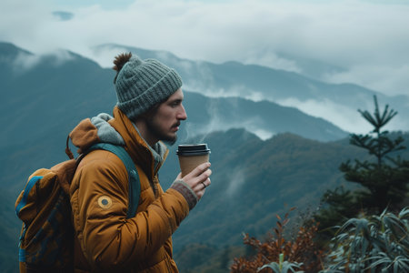 Young bearded hipster with backpack and cup of coffee sitting on rock with views of nature around.の素材