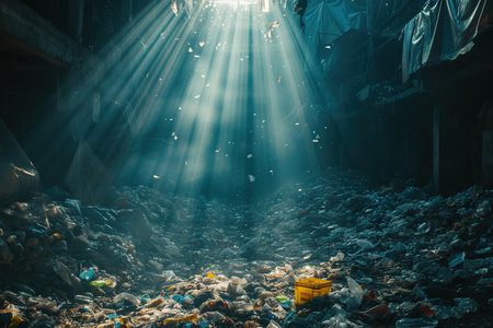 Modern civilization leaves behind huge mountains and heaps of garbage, which covers the ecology of forests and fields, poisons the earth and water.の素材