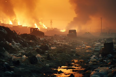 Modern civilization leaves behind huge mountains and heaps of garbage, which covers the ecology of forests and fields, poisons the earth and water.の素材