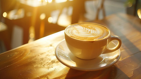 Hot Coffee cup and coffee beans coating on the wooden table and the coffee shop background with copy spaceの素材