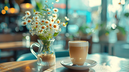 Hot Coffee cup and coffee beans coating on the wooden table and the coffee shop background with copy spaceの素材