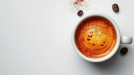 Coffee cup placed to the coffee beans. On the white table in day light. From the top. Copy space.の素材