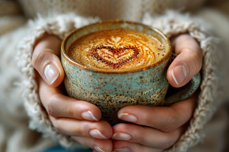 Woman hands holding cup of hot coffee latte cappuccino with heart shaped. Love, Wedding and Valentines day concept.の素材