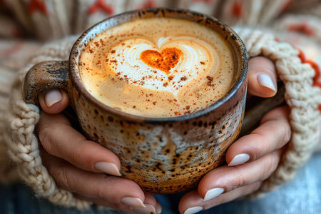 Woman hands holding cup of hot coffee latte cappuccino with heart shaped. Love, Wedding and Valentines day concept.の素材