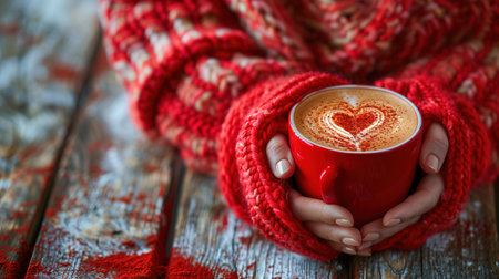 Woman hands holding cup of hot coffee latte cappuccino with heart shaped. Love, Wedding and Valentines day concept.の素材