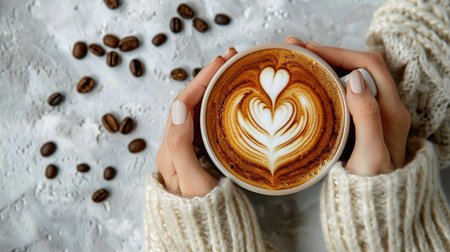 Woman hands holding cup of hot coffee latte cappuccino with heart shaped. Love, Wedding and Valentines day concept.の素材