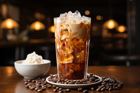 Ice coffee with cream in a tall glass and coffee beans, portafilter, tamper and milk jug on dark concrete table over black wooden background. Cold summer drink. Copy space for text. Selective focus.