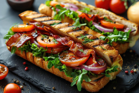 fresh submarine sandwich with ham, cheese, bacon, tomatoes, lettuce, cucumbers and onions on dark wooden backgroundの素材