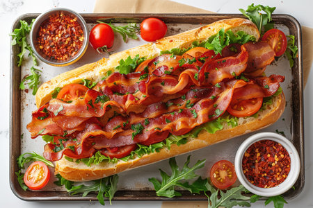 Crispy bacon baguette with tomato ketchup.の素材