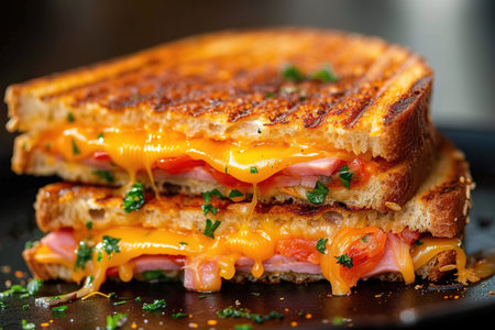 Pressed and toasted double panini with ham and cheese served on sandwich paper on a wooden table.の素材