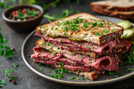 Delicious pastrami sandwich made with wholegrain bread with fresh salad and pickle served on a dark background.の素材