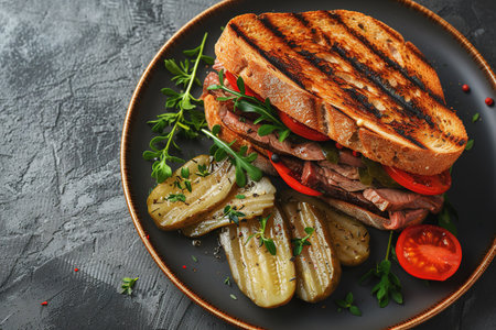Delicious pastrami sandwich made with wholegrain bread with fresh salad and pickle served on a dark background.の素材