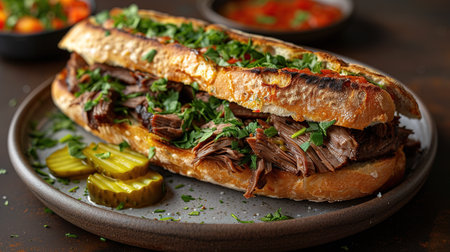 Delicious pastrami sandwich made with wholegrain bread with fresh salad and pickle served on a dark background.の素材