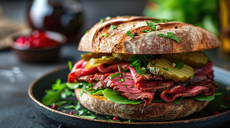 Delicious pastrami sandwich made with wholegrain bread with fresh salad and pickle served on a dark background.の素材