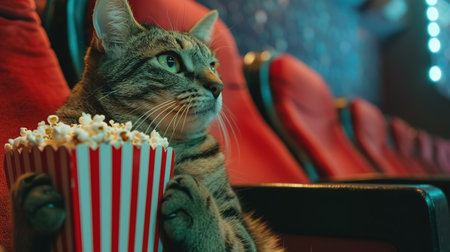 Cat in glasses is eating popcorn and watching a movie in the cinema.の素材