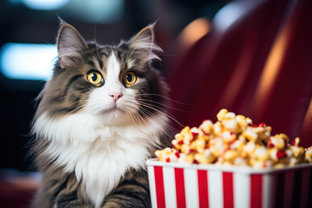 Cat in glasses is eating popcorn and watching a movie in the cinema.の素材