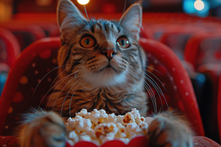 Cat in glasses is eating popcorn and watching a movie in the cinema.の素材