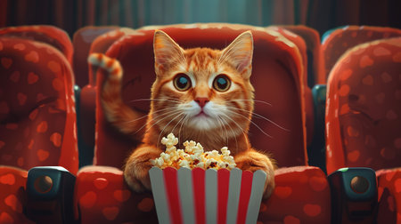 Cat in glasses is eating popcorn and watching a movie in the cinema.の素材
