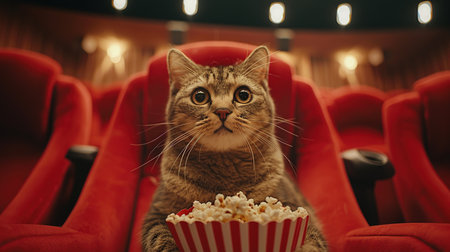 Cat in glasses is eating popcorn and watching a movie in the cinema.の素材