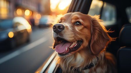A happy dog is smiling with his tongue hanging out and his eyes closed as he sticks his head out from the carの素材