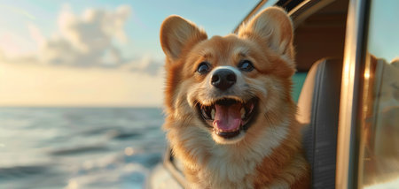 A happy dog is smiling with his tongue hanging out and his eyes closed as he sticks his head out from the carの素材