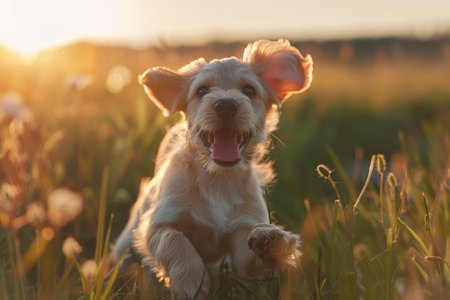 A very little puppy is running happily with floppy ears through a garden with green grass. It almost looks like he can fly.の素材