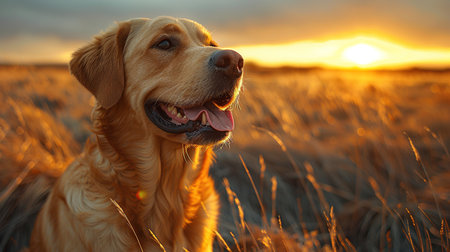 Golden retriever dog standing outdoor in autumn field with beautiful lighting.の素材
