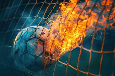 Fiery Soccer Ball In Goal With Net In Flames.の素材