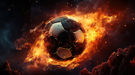 Flying football or soccer ball on fire. Isolated on black background.の素材