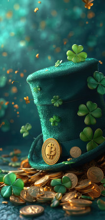 St. Patrick's Day leprechaun hat, gold coins and shamrocks on green background. Irish traditional holiday concept, copy space. Bannerの素材