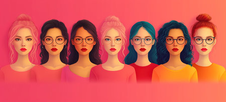 Group of strong independent women standing together in a studio. Diverse women looking at the camera while standing against a studio background. Women of different ages embracing girl power. Beautiful girls of model appearanceの素材