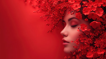 Portrait of a beautiful young girl in flowers on her head on a red background. A postcard for Valentine's Day or International Women's Day. concept of women's beauty and health. A banner with a copy of the space.の素材
