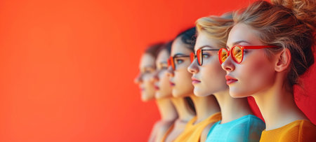 Group of strong independent women standing together in a studio. Diverse women looking at the camera while standing against a studio background. Women of different ages embracing girl power. Beautiful girls of model appearance. Copy Space.の素材